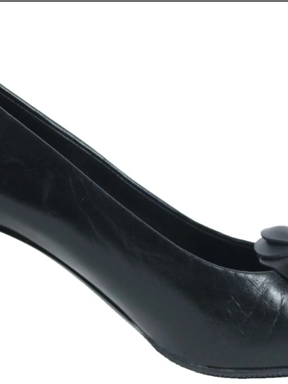 CHANEL Black Leather Camellia Pearl Detail Block Heel Pump classic size 37 6.5